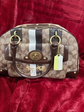 Vintage Coach Brown Signature Canvas Satchel w/White and Dark Brown Stripes